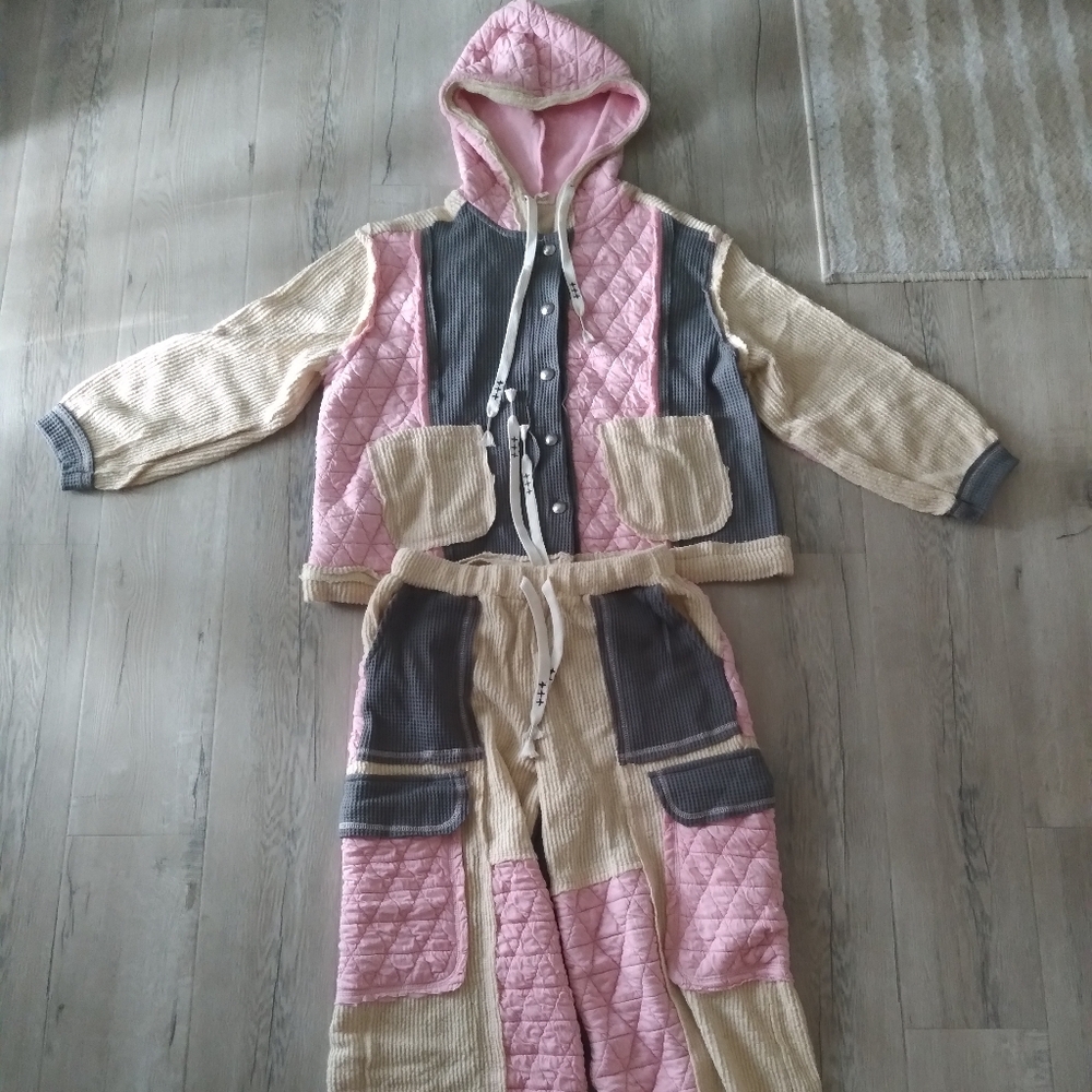 POL Pink and Cream Thermal Knit Quilted Hoodie - New without tag.